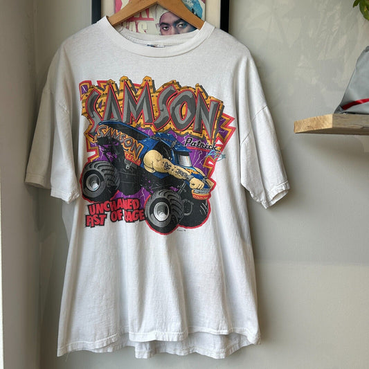 VINTAGE 90s | Unchained Fist Of Rage Monster Truck Racing T-Shirt sz XL