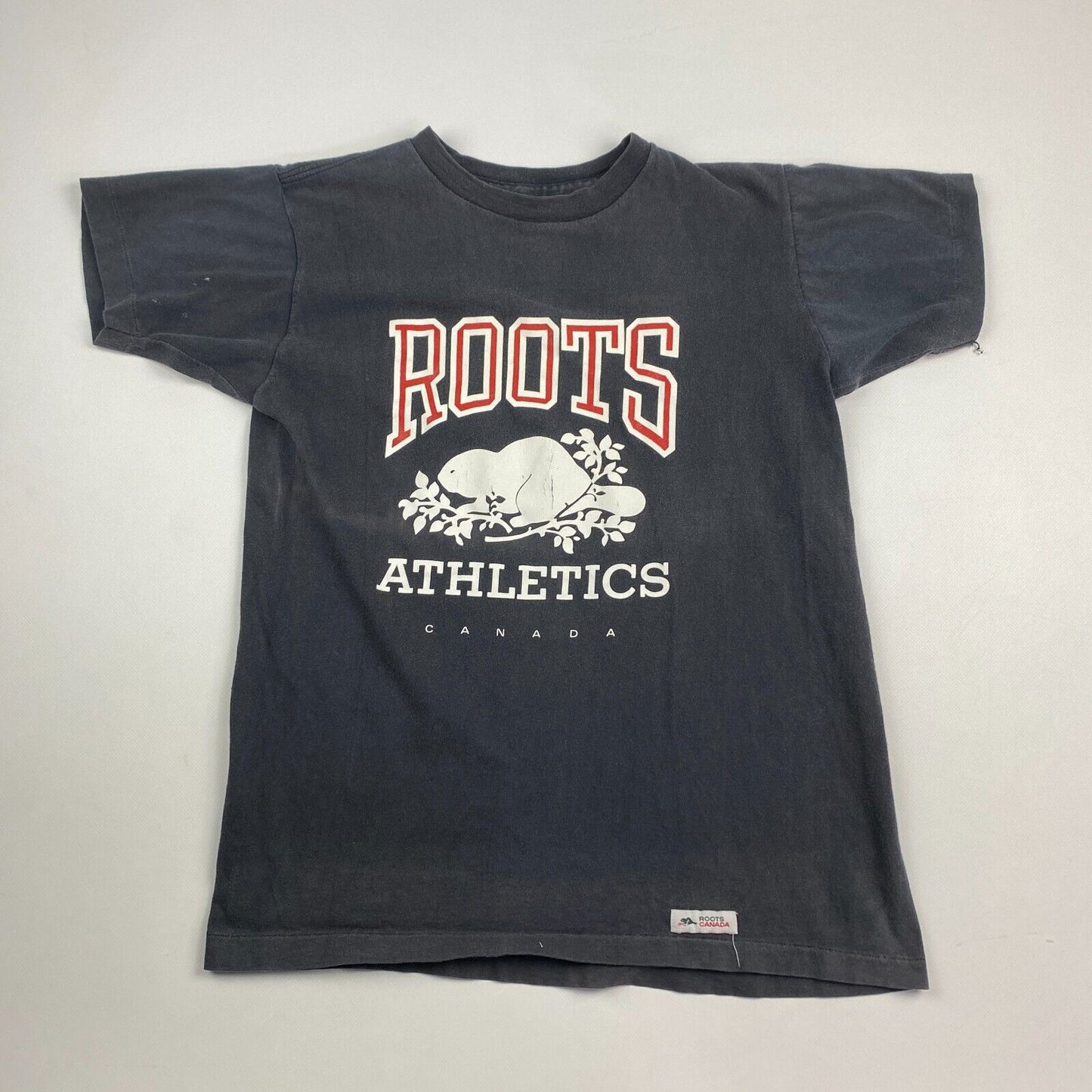 VINTAGE 90s ROOTS Athletics Canada Faded Black T-Shirt sz Small Men