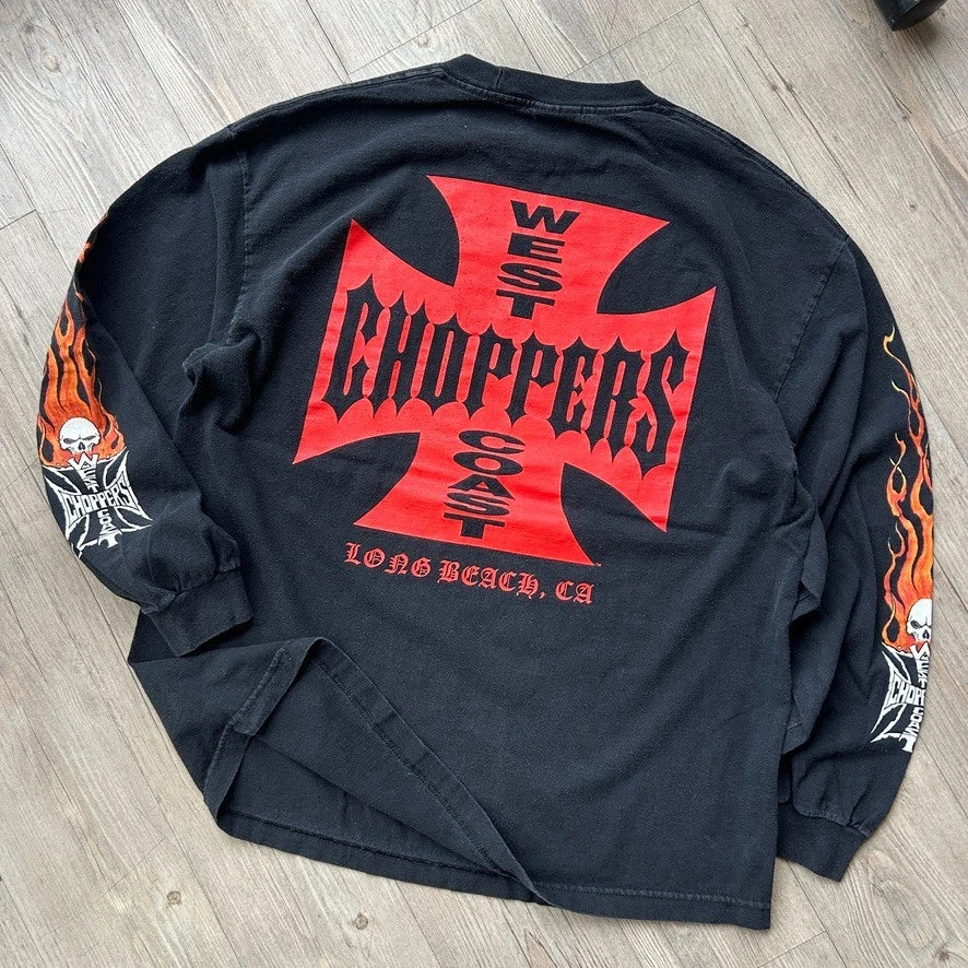 VINTAGE | West Coast Choppers Skull Flames Long Sleeve T-Shirt sz XL