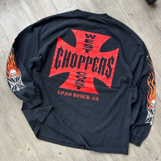VINTAGE | West Coast Choppers Skull Flames Long Sleeve T-Shirt sz XL