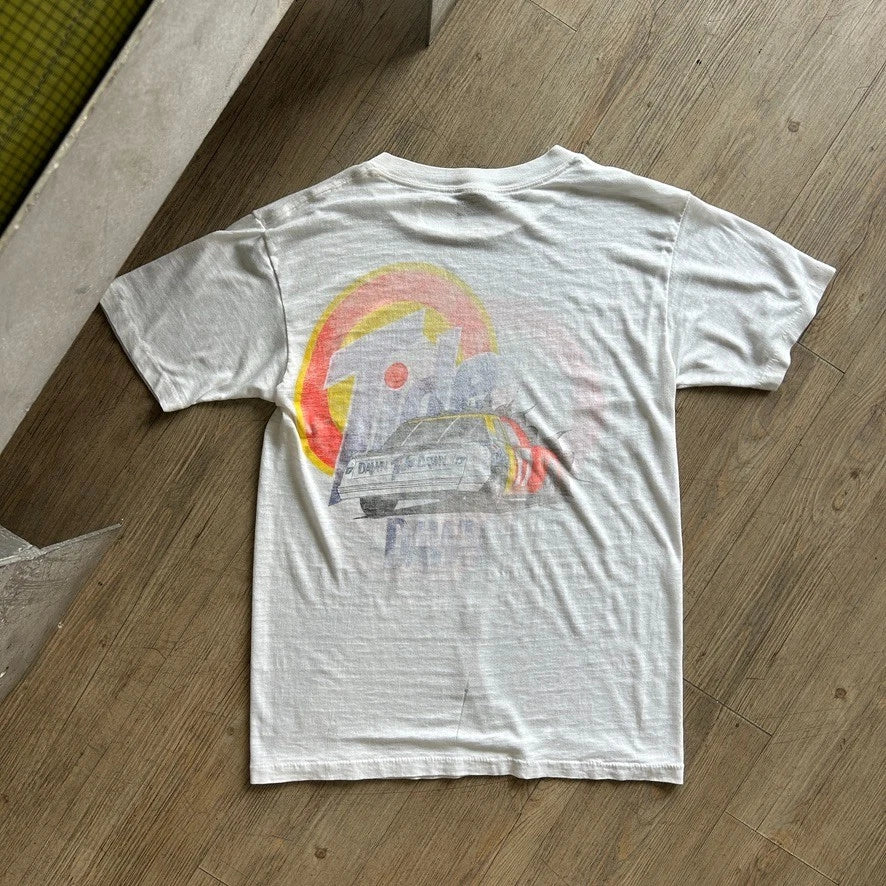 VINTAGE 90s | Tide Racing Heavy Fade Paper Thin White T-Shirt sz M