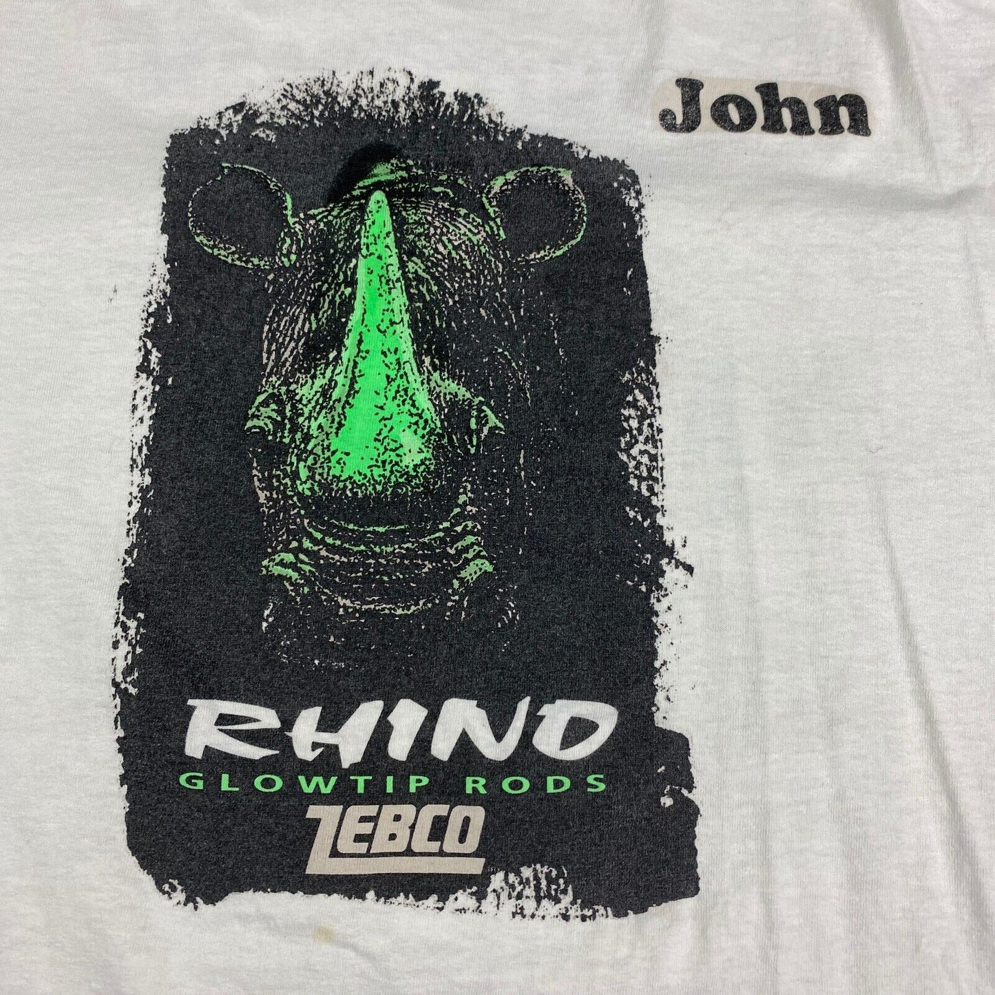 VINTAGE 90s Zebco Rhino Glow Tip Rods White T-Shirt sz XL Adult