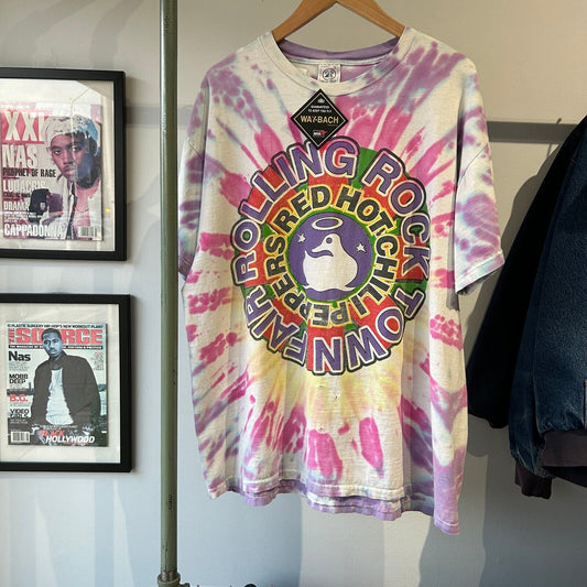 VINTAGE 90s | Red Hot Chili Peppers Rolling Rock Tye Dye Band T-Shirt sz XL