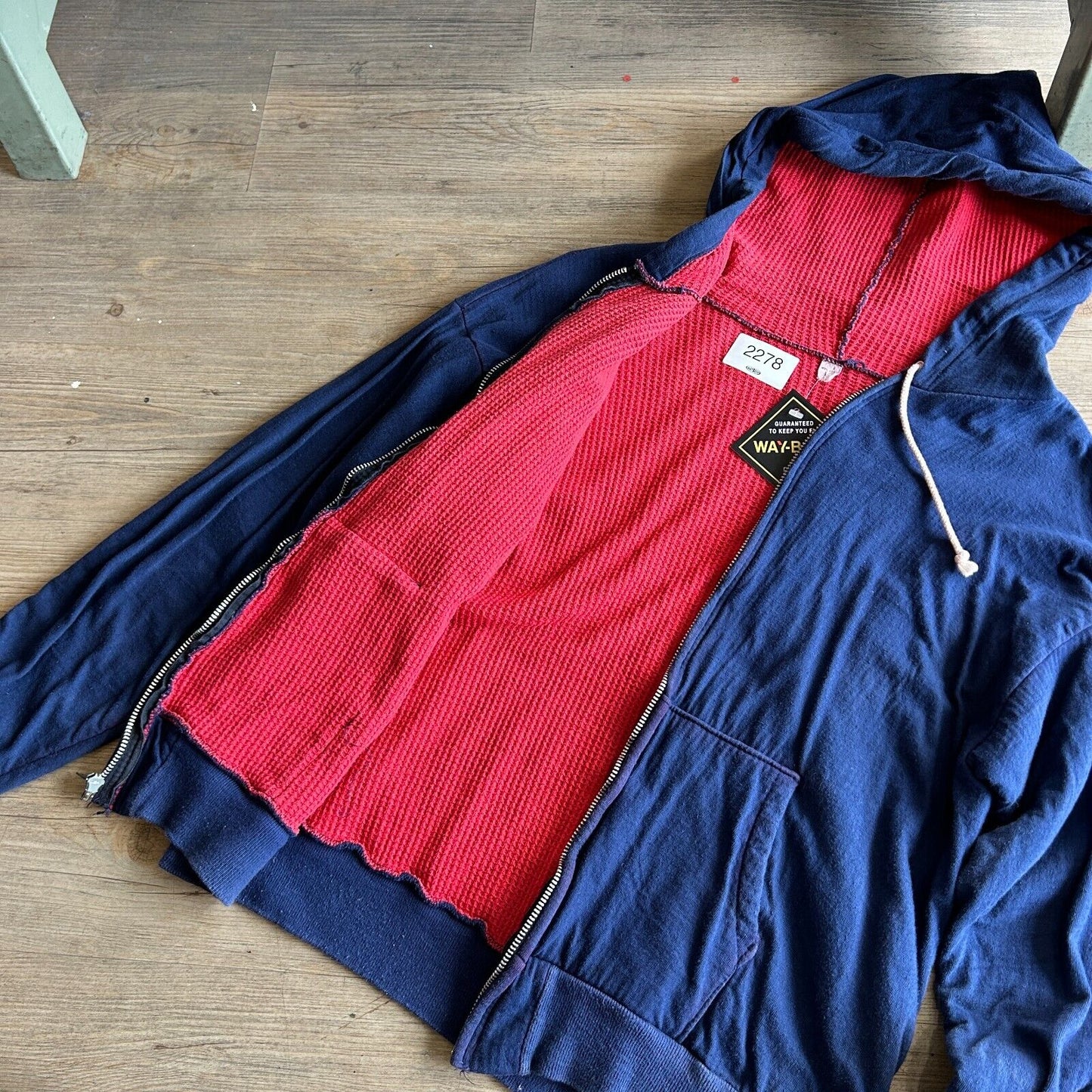 VINTAGE 60s 70s | Blank Red Thermal Lined Navy Zip Up Hoodie Sweater sz S Adult