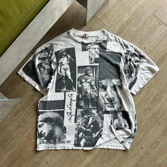 VINTAGE 1992 | Michelangelo Italian Sculptures & Art AOP Thrashed T-Shirt sz XL