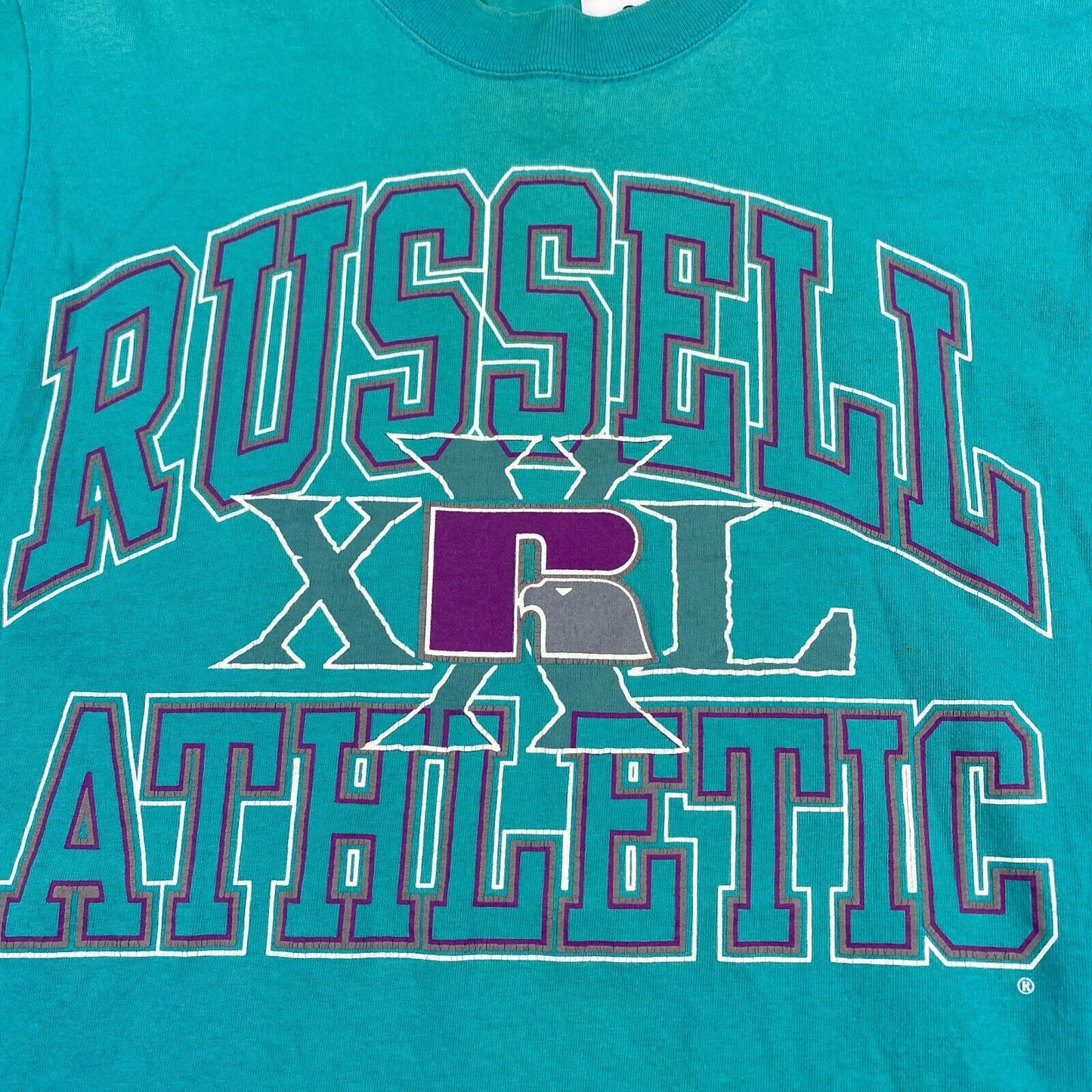 VINTAGE 90s Russell Athletic Teal Graphic T-Shirt sz Medium Men