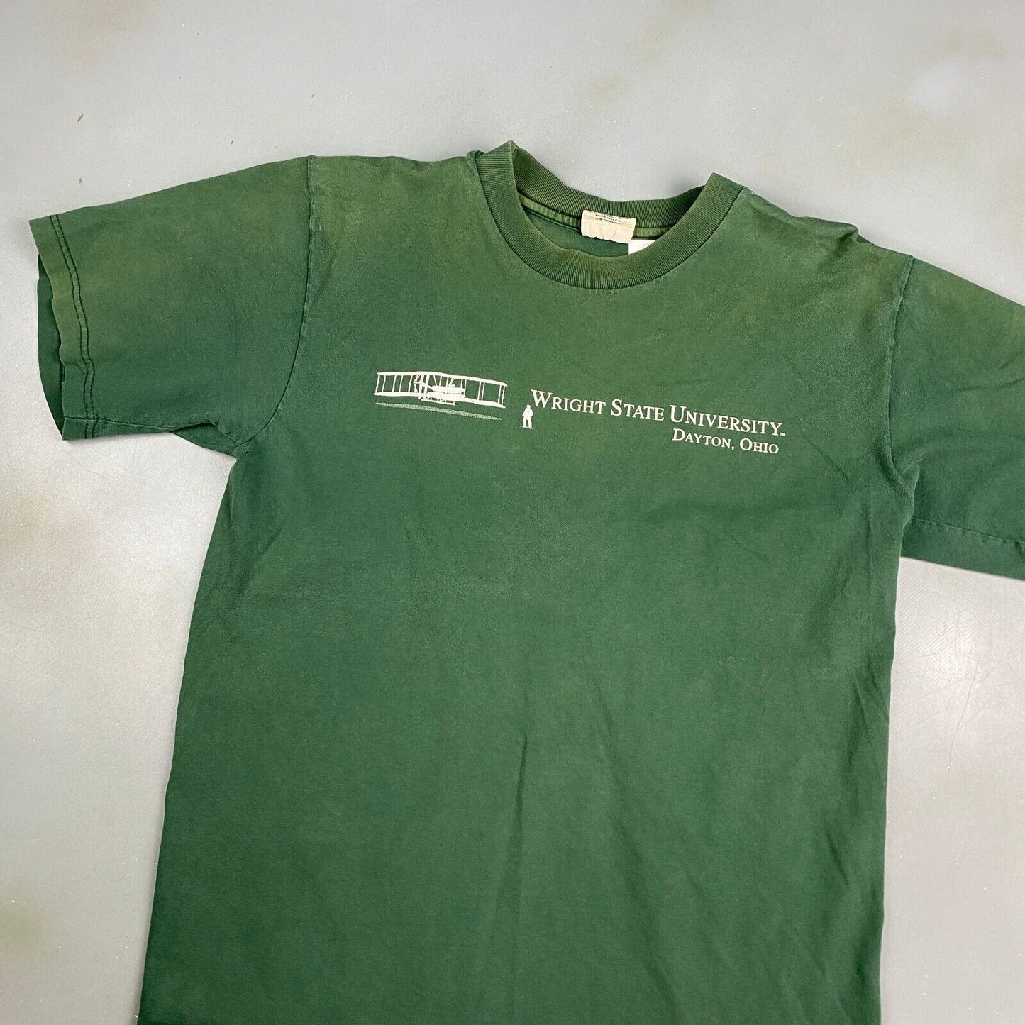 VINTAGE 90s Wright State University Faded Green T-Shirt sz Medium Men MadeinUSA