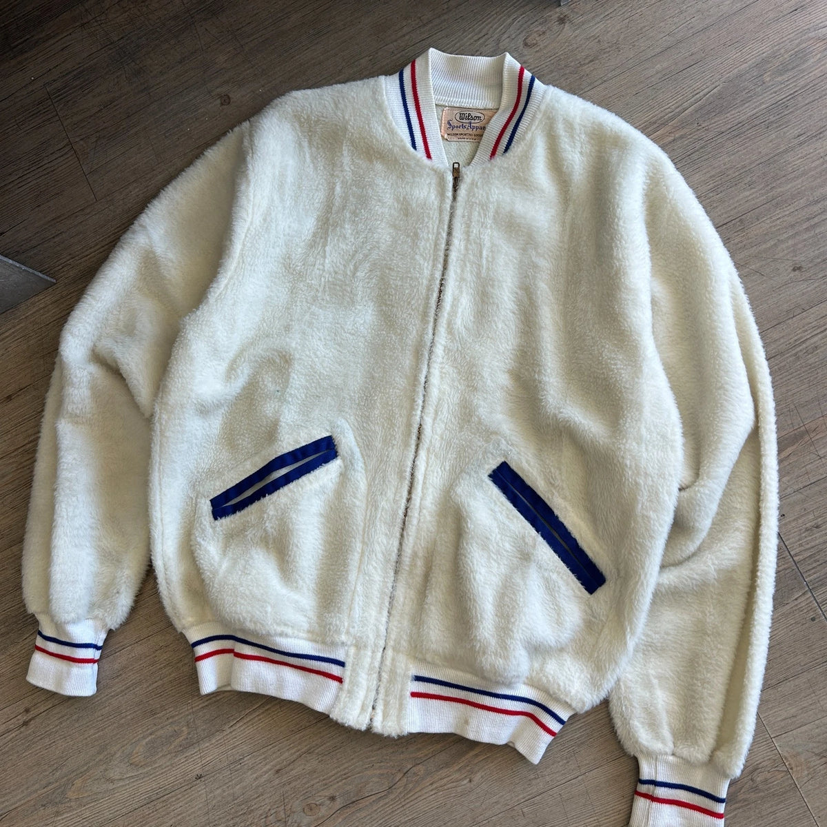 VINTAGE 1960s | Wilson Sports Apparel Cream Fleece Varsity Bomber Jacket sz 40 L