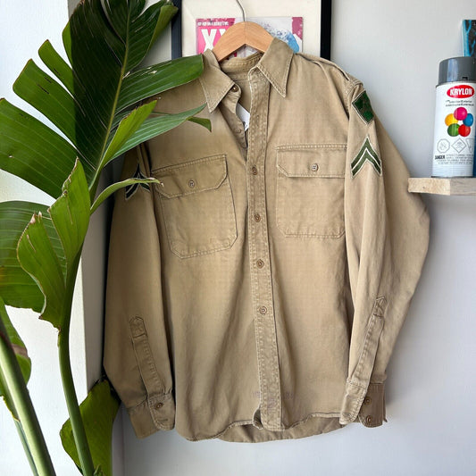 VINTAGE 70s 80s | Military Fatigue Tan Button Down Shirt sz L Adult