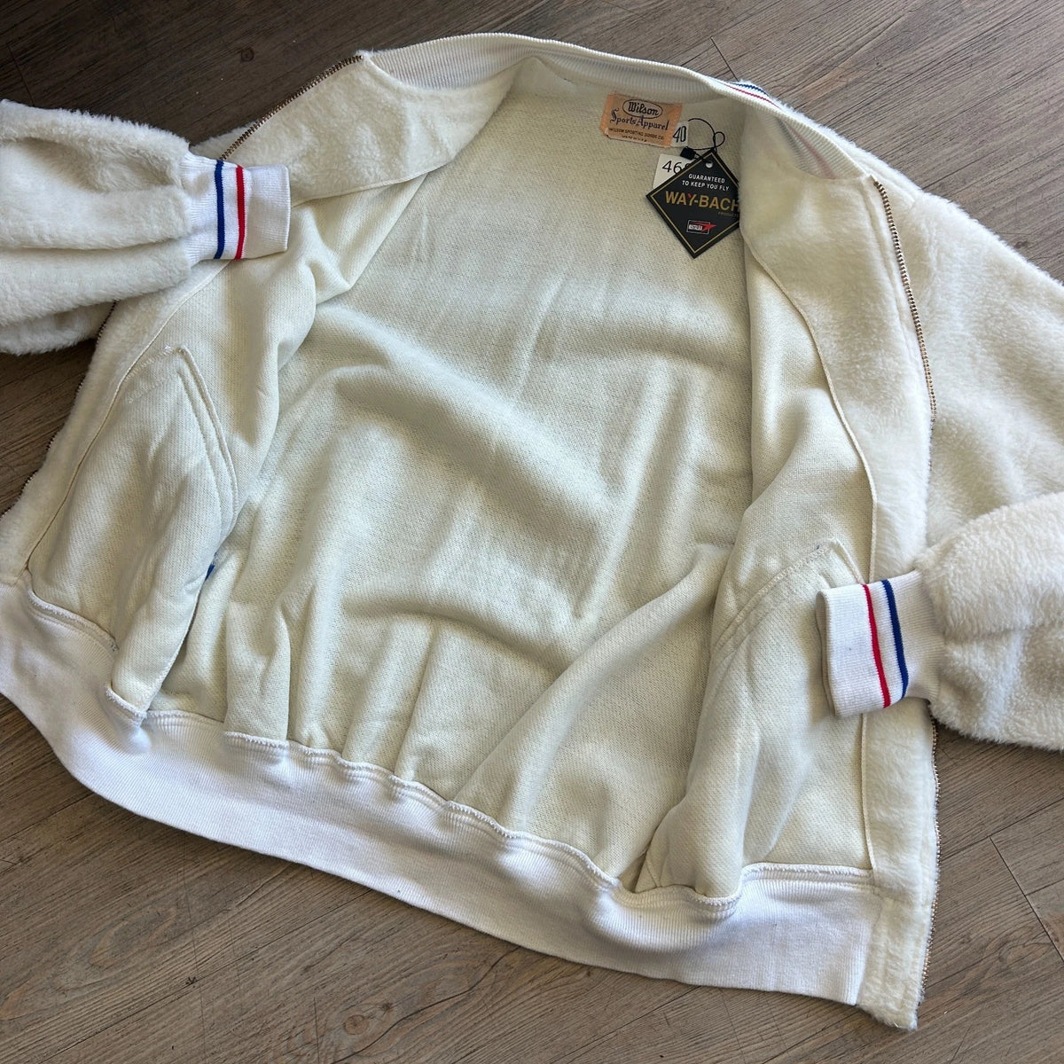 VINTAGE 1960s | Wilson Sports Apparel Cream Fleece Varsity Bomber Jacket sz 40 L
