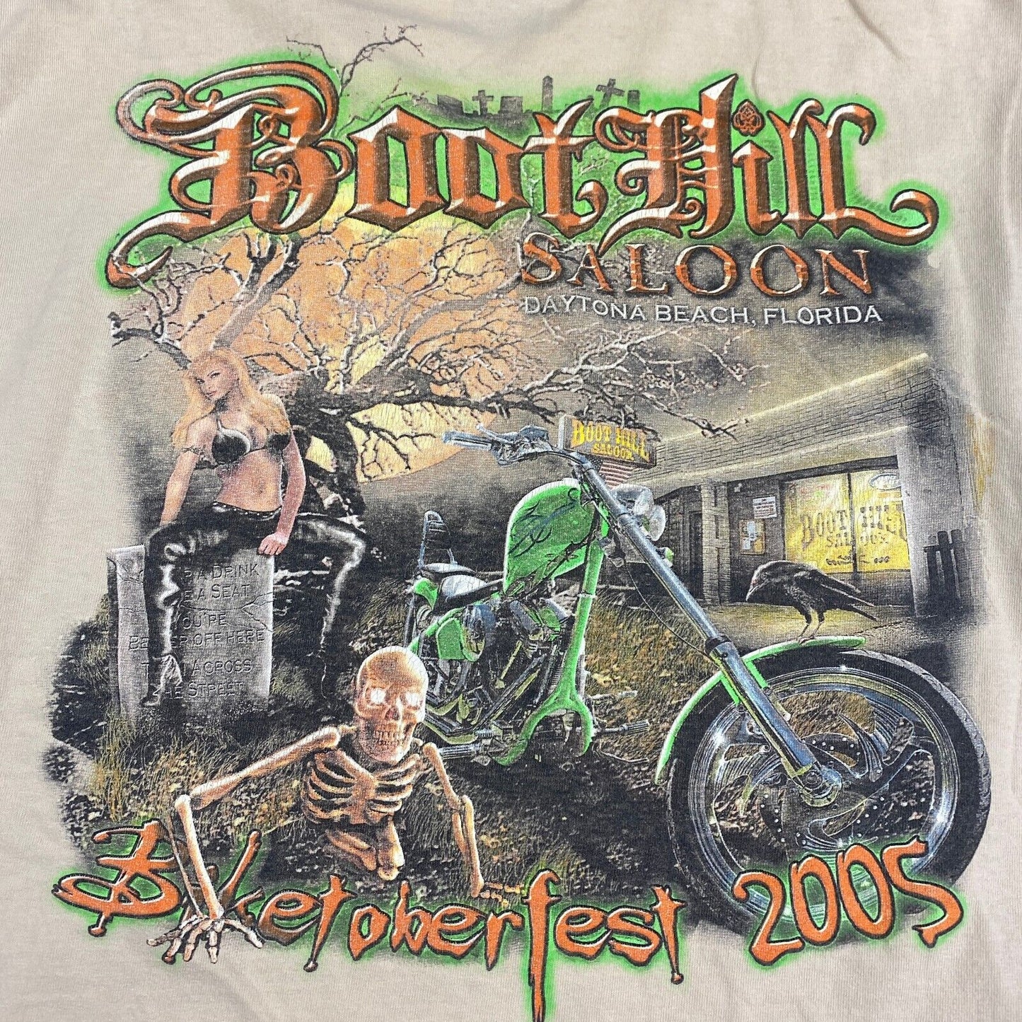 VINTAGE Boot Hill Saloon Biketoberfest Faded Tan Biker T-Shirt sz M-L Adult