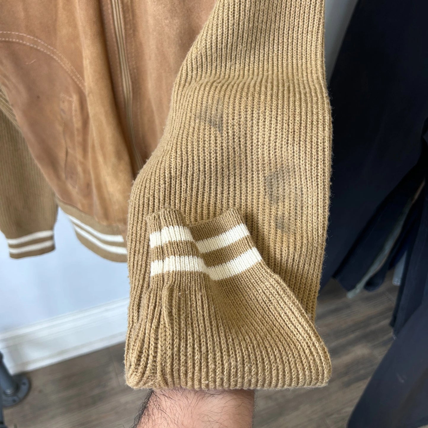 VINTAGE | 1440 Tan Suede Leather Knit Varsity Bomber Jacket sz S/M