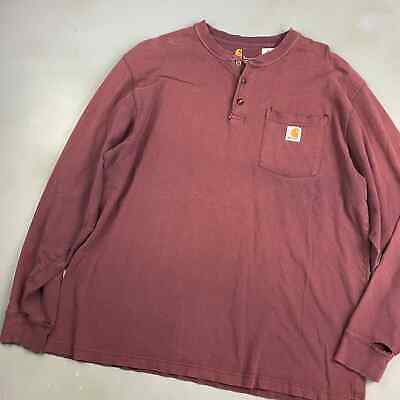 VINTAGE Carhartt Faded Maroon Henley Long Sleeve Pocket T-Shirt sz Large Adult