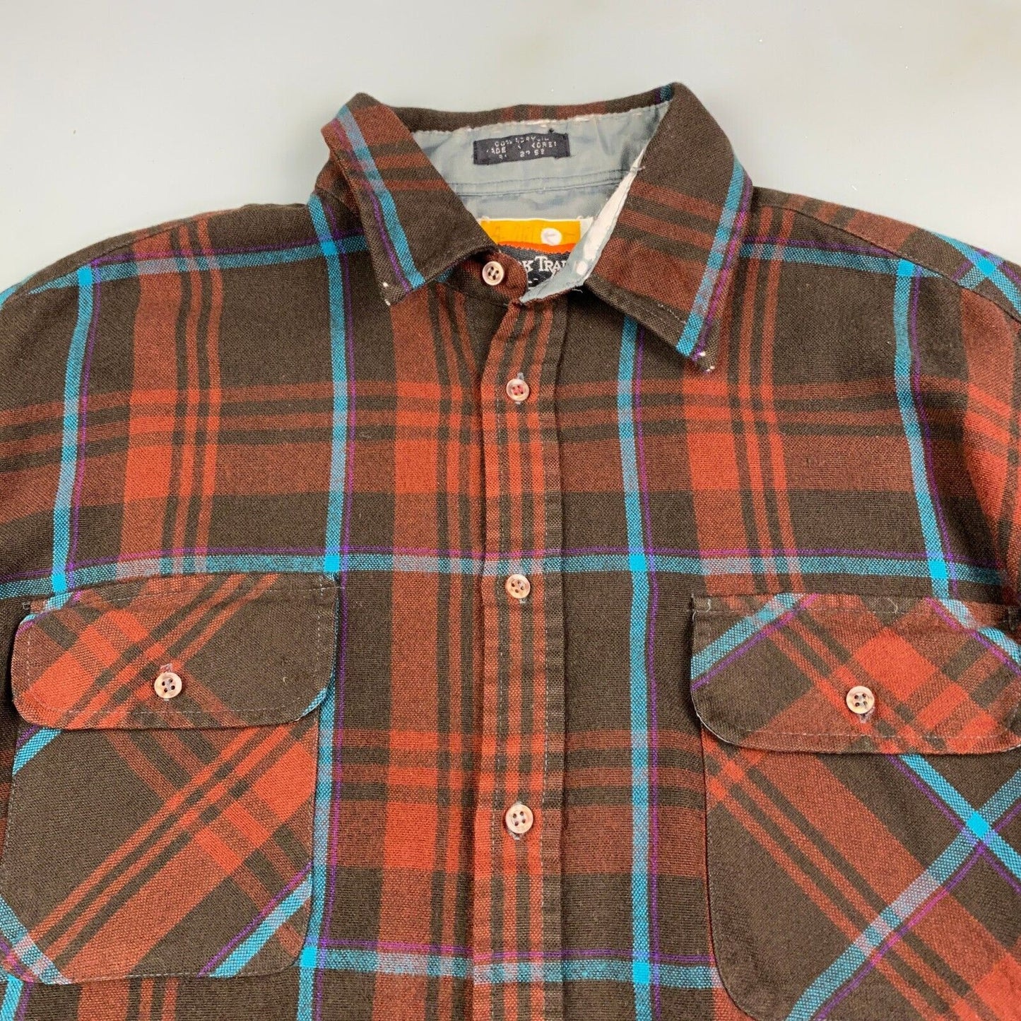 VINTAGE 80s Ozark Trail Brown Plaid Flannel Button Up Shirt sz Large Adult