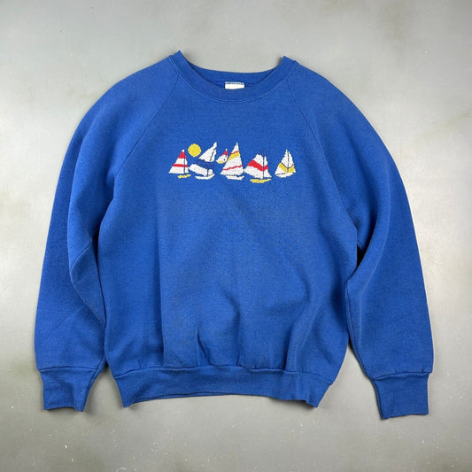 VINTAGE 90s | Hand Knit Sail Boat Print Crewneck Sweater sz S-M Adult