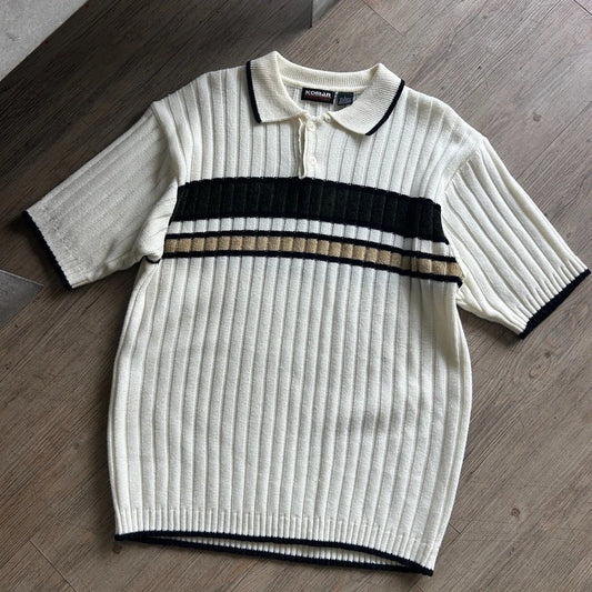 VINTAGE 90s | Koman Striped Ribbed Knit Polo Shirt sz L