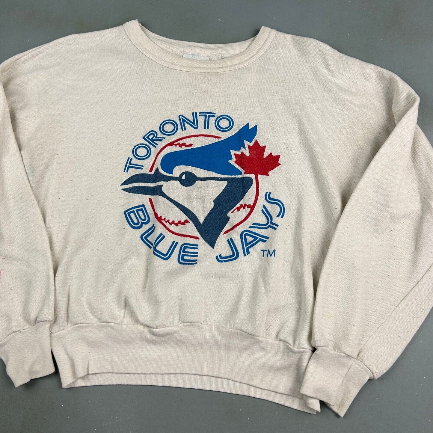 VINTAGE 80s Toronto Blue Jays White Sweater sz Small Short* Adult / Youth XL