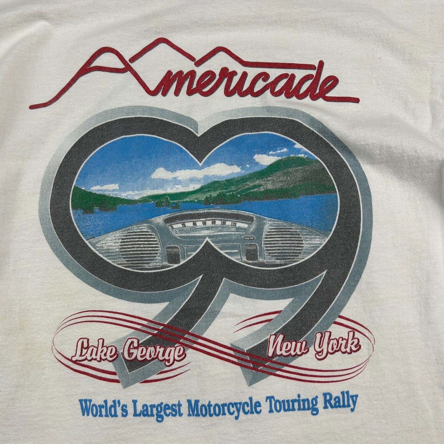 VINTAGE 1999 | Americade Motorcycle Rally White Biker T-Shirt sz L Adult