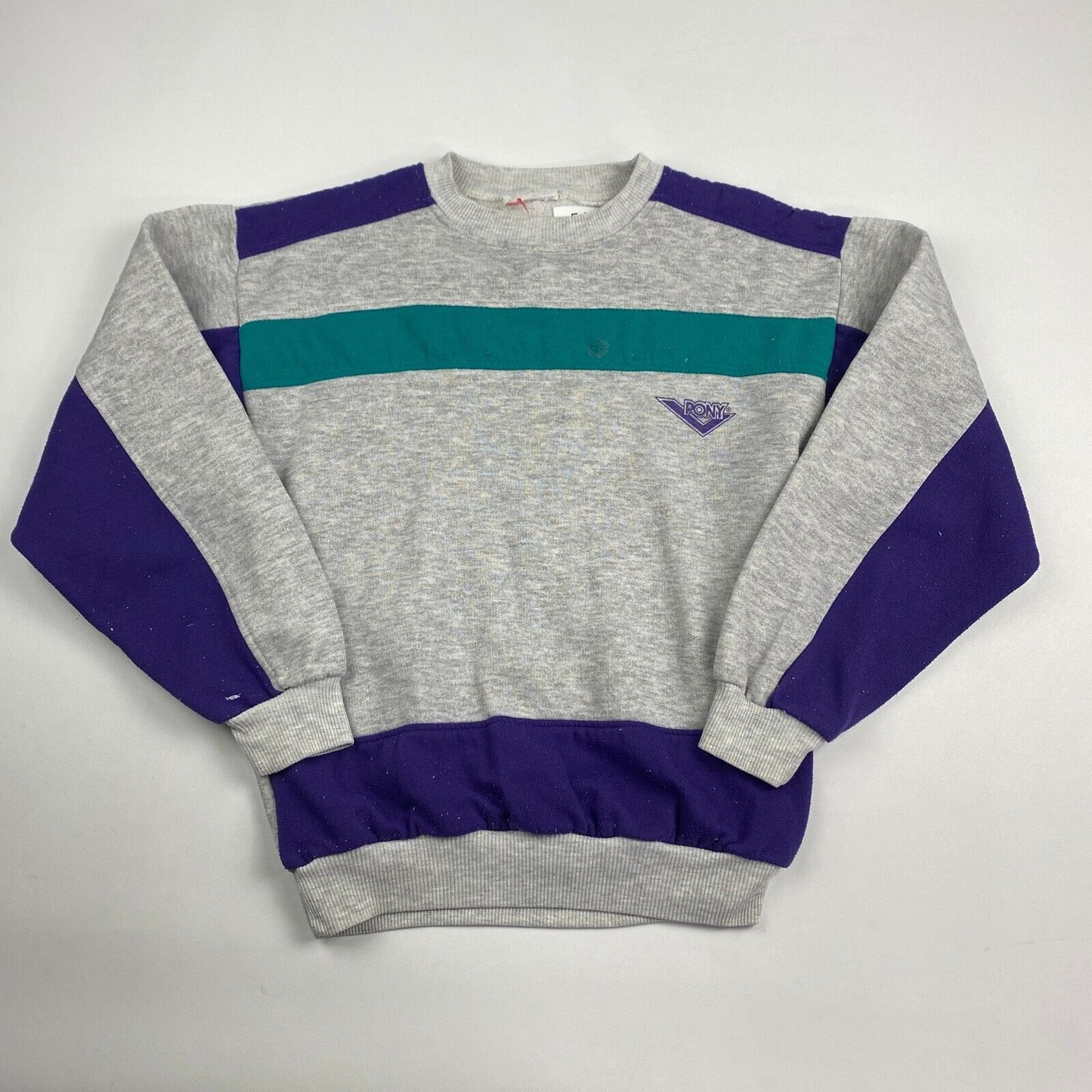 VINTAGE 90s PONY Color Block Grey Crewneck Sweater sz Small Mens