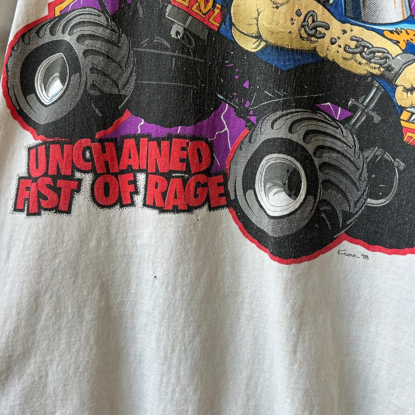 VINTAGE 90s | Unchained Fist Of Rage Monster Truck Racing T-Shirt sz XL