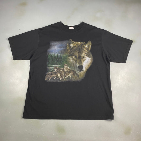 VINTAGE 90s Wolves Nature Forrest Black T-Shirt sz XL Men Adult