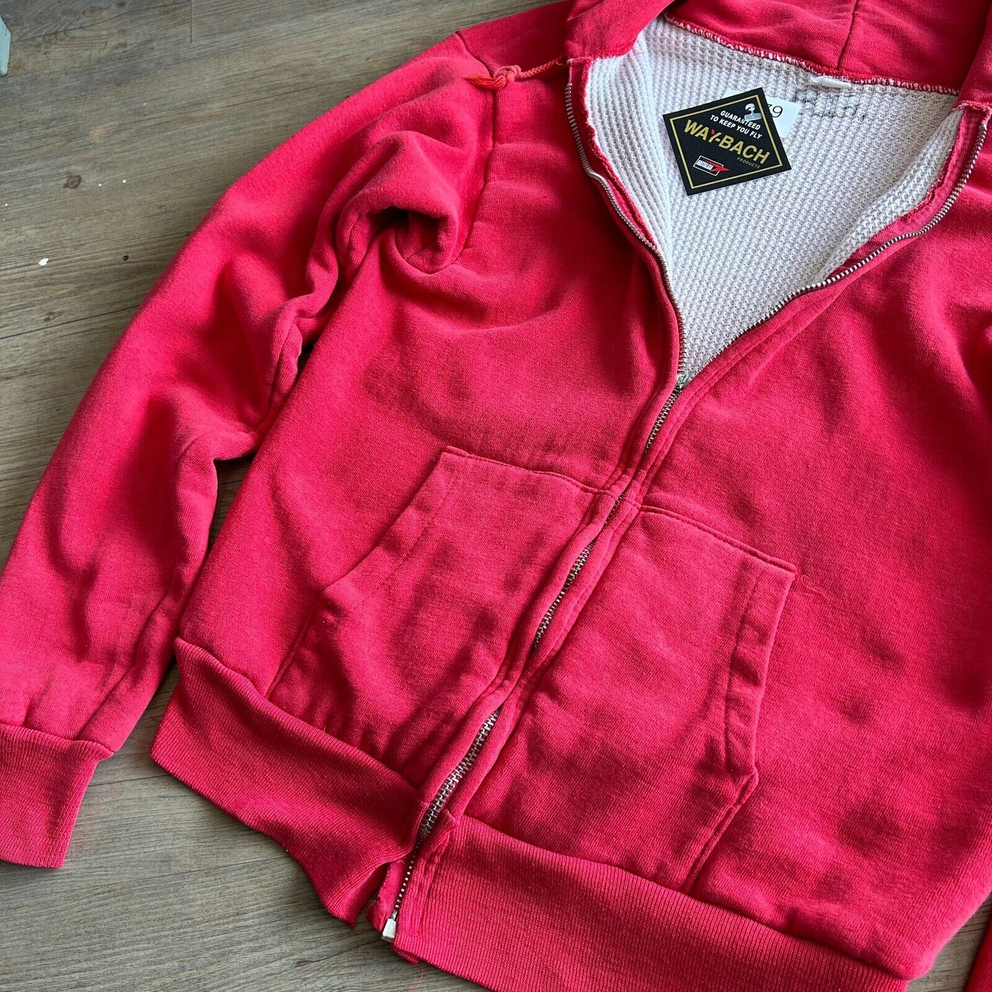 VINTAGE 60s 70s | Blank Red Thermal Lined Zip Up Hoodie Sweater sz S Adult