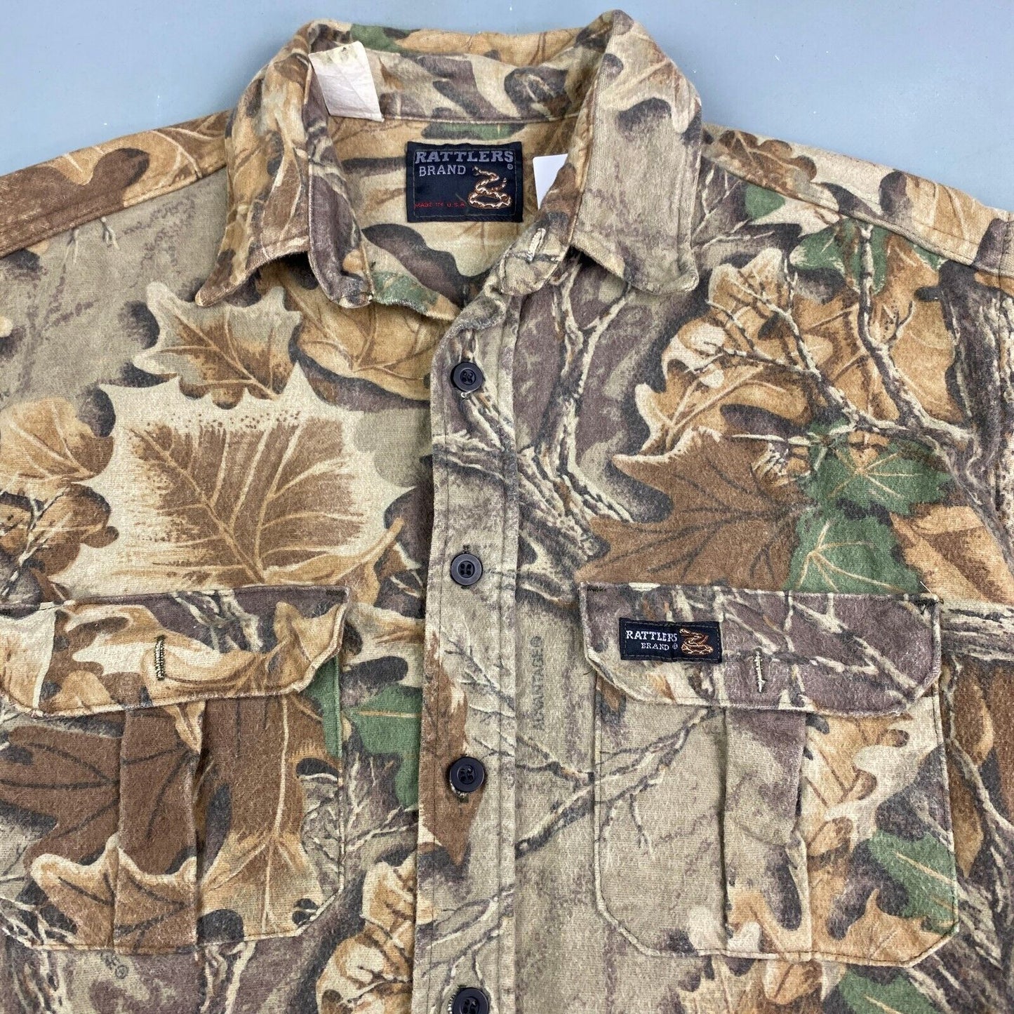VINTAGE 90s Rattlers Leaf Tree Camo Cloth Button Up Shirt sz Medium Adult