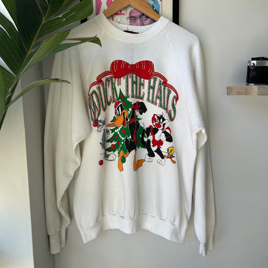 VINTAGE 90s | Duck The Halls Warner Bros Cartoon Crew Sweater sz L Adult