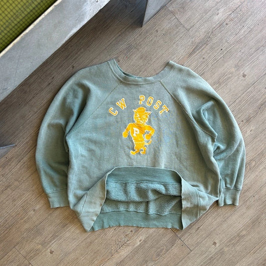 VINTAGE 60s | CW Post Sun Faded Green Raglan Crewneck Sweatshirt sz M