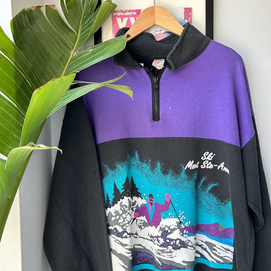 VINTAGE 90s | Mont Ste-Anne Ski 1/4 Zip Collared Sweater sz L-XL Adult