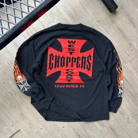 VINTAGE | West Coast Choppers Skull Flames Long Sleeve T-Shirt sz XL