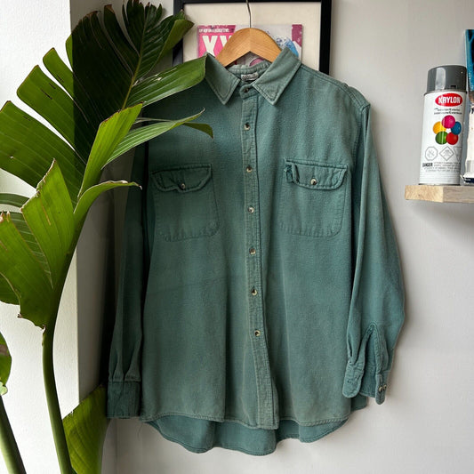 VINTAGE 90s | Sun Faded Green Chamois Button Down Shirt sz XL Adult
