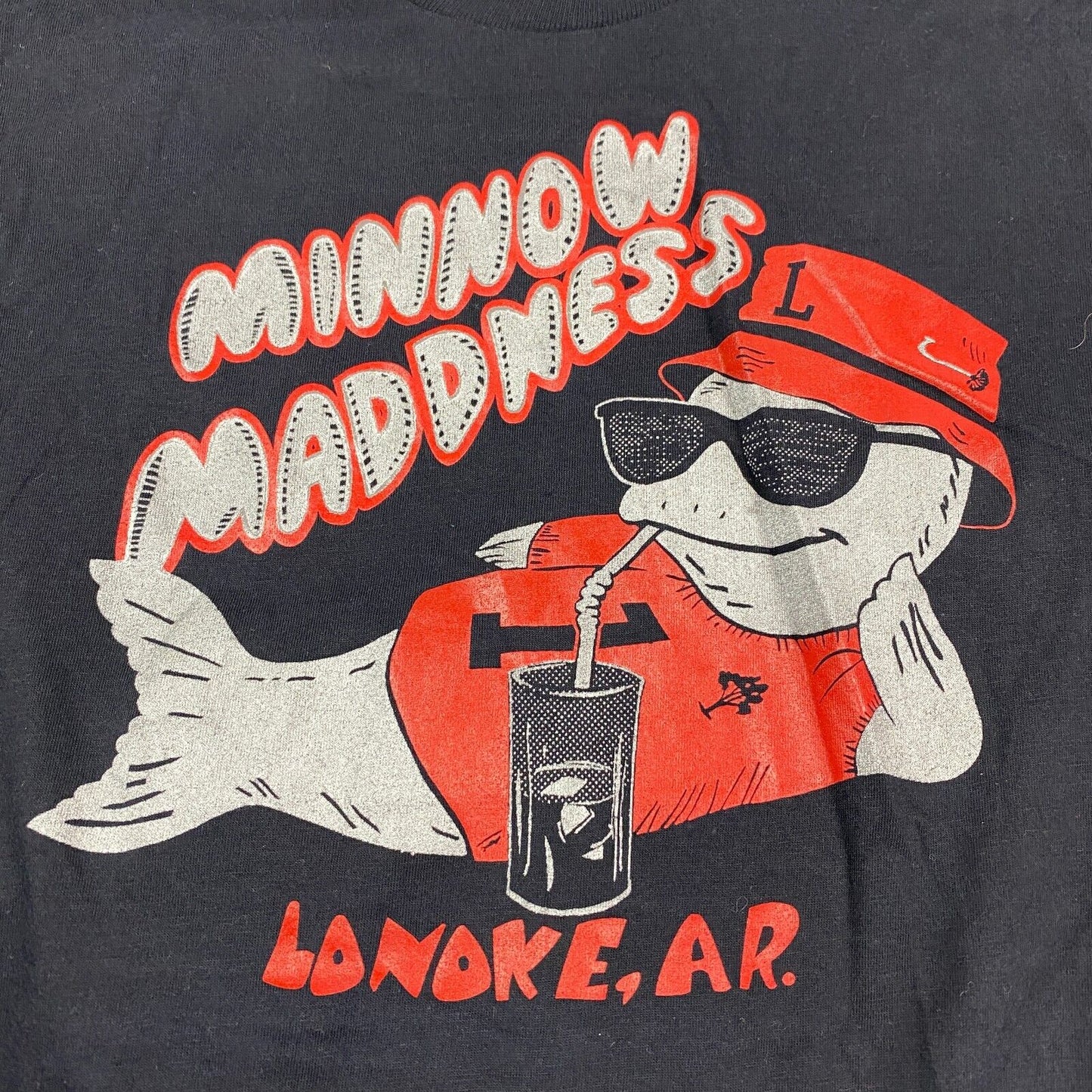VINTAGE 80s Minnow Madness Lonoke Arkansas Black T-Shirt sz S Mens