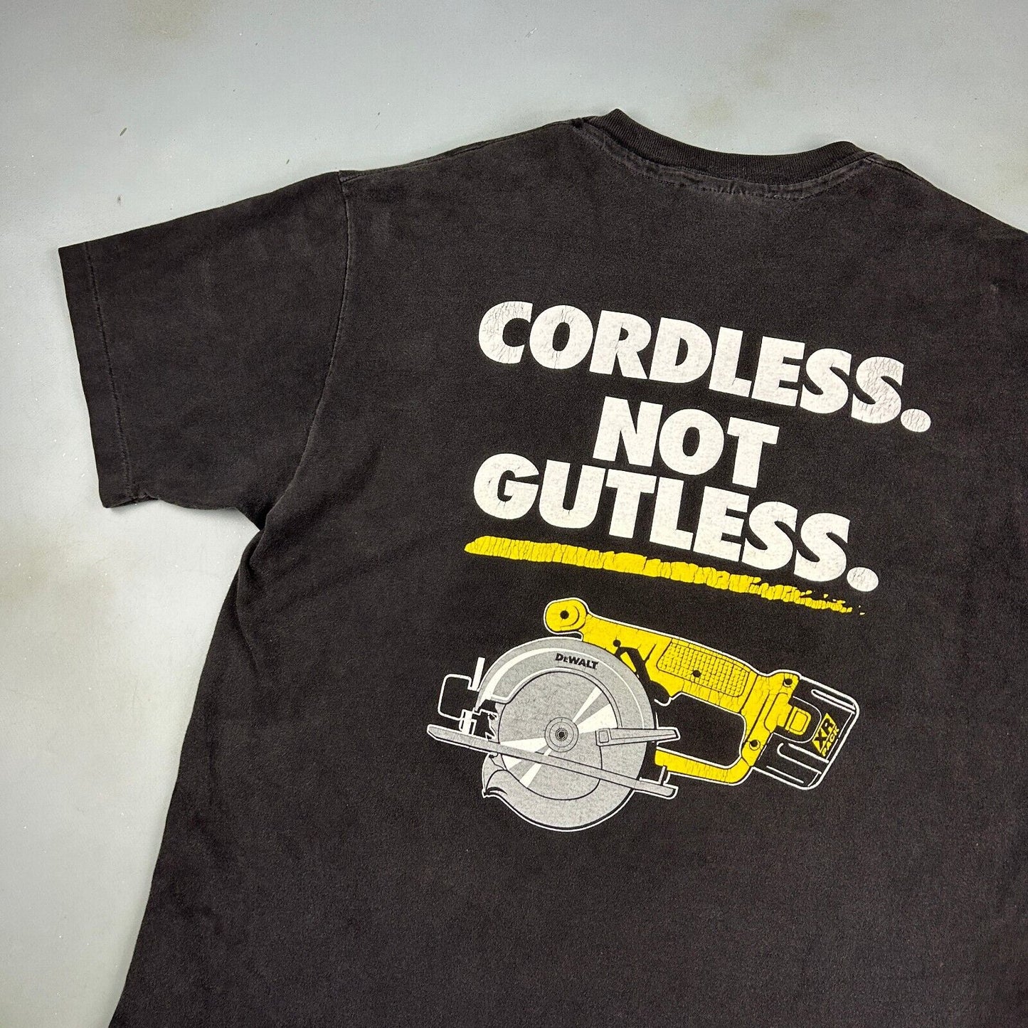 VINTAGE 90s DeWALT Challenge Cordless Not Gutless Black T-Shirt sz Large Adult