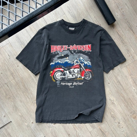VINTAGE 90s | Harley Davidson Heritage Softail Canada Faded Biker T-Shirt sz M/L