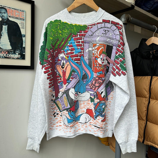 VINTAGE 90s | Looney Tunes Trippy Tiny Cartoon All Over Print Crew Sweater sz L