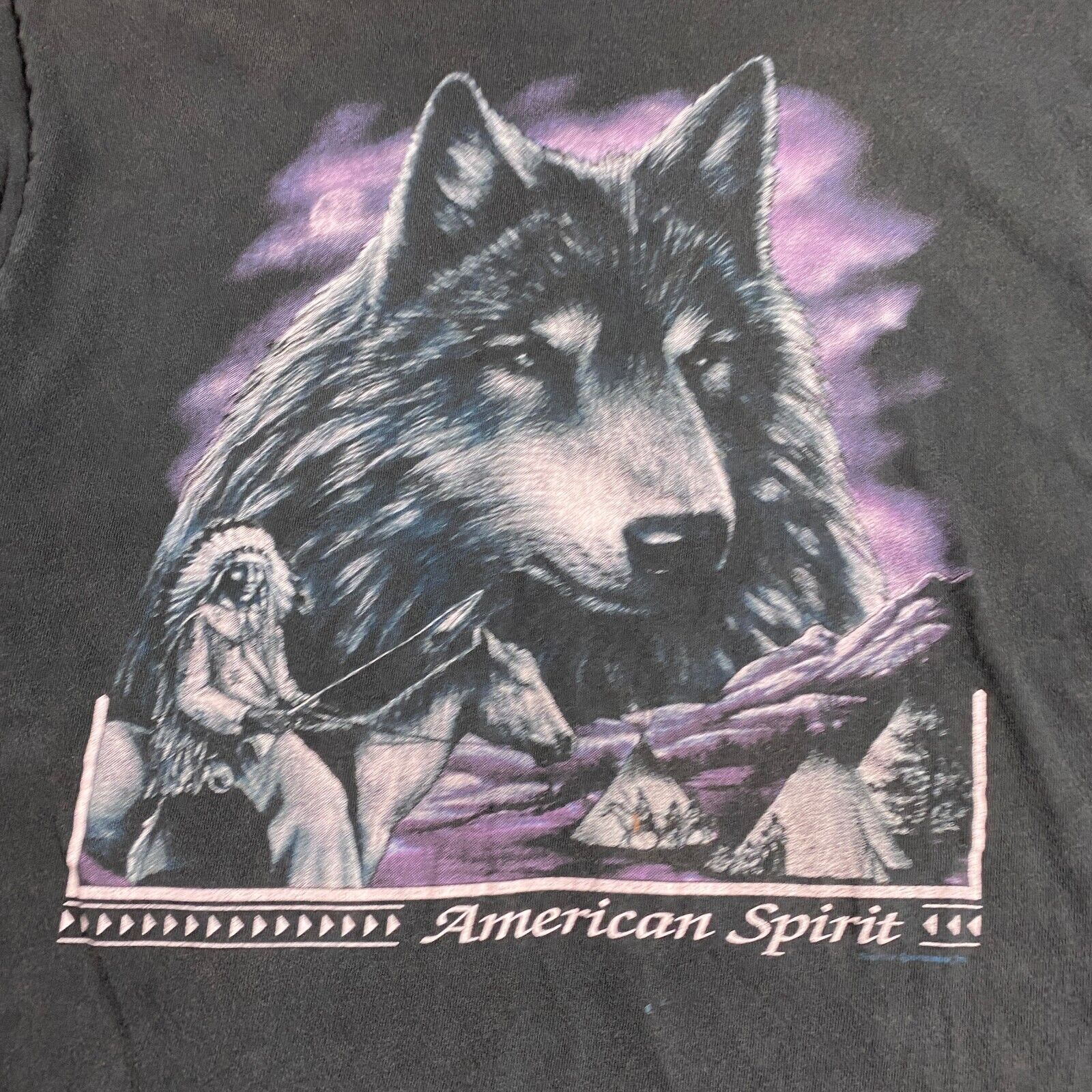 VINTAGE 90s American Spirit Wolf Native Nature Print Black T-Shirt