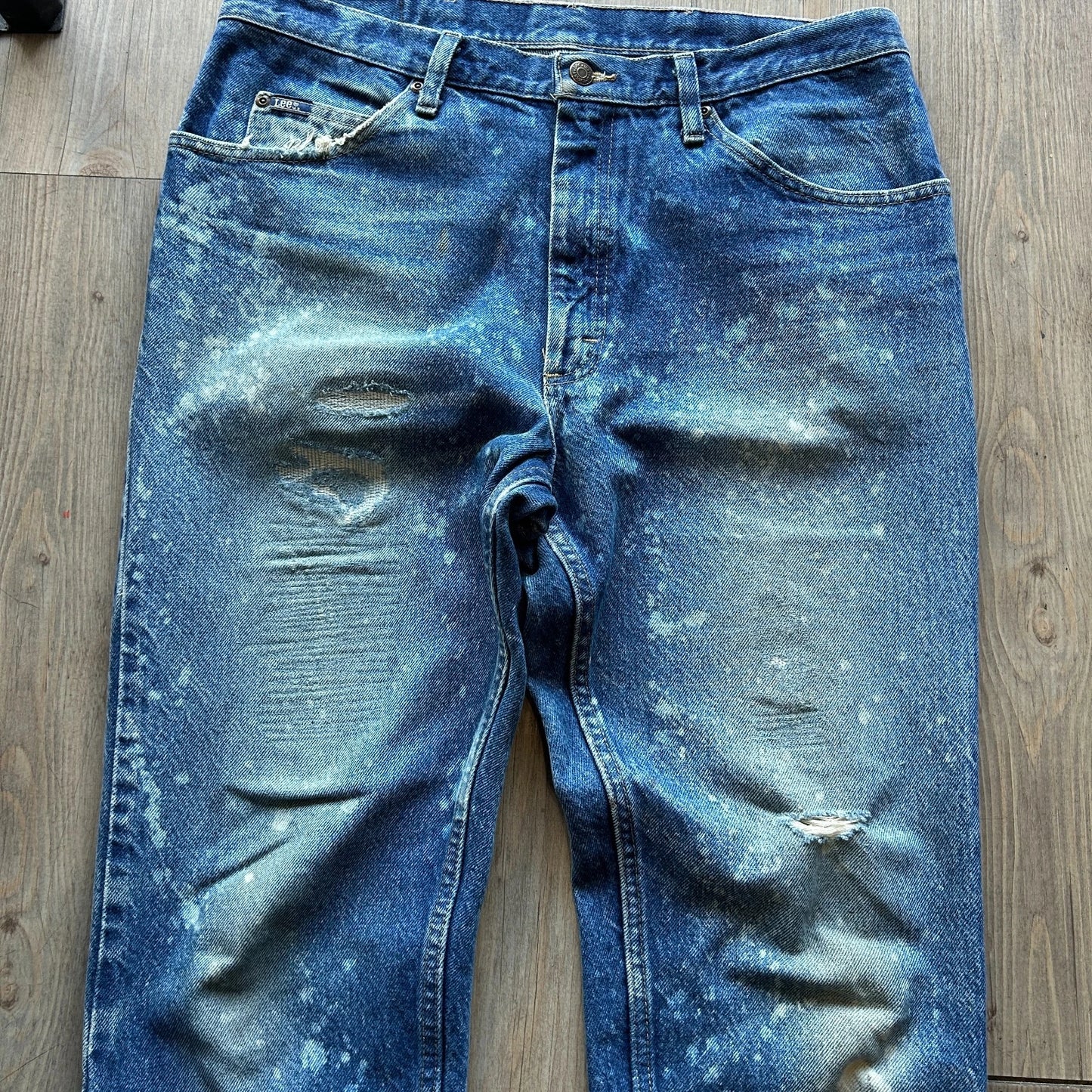 VINTAGE | Lee Faded Mended Paint Splatter Blue Jeans Pants sz W35 L32