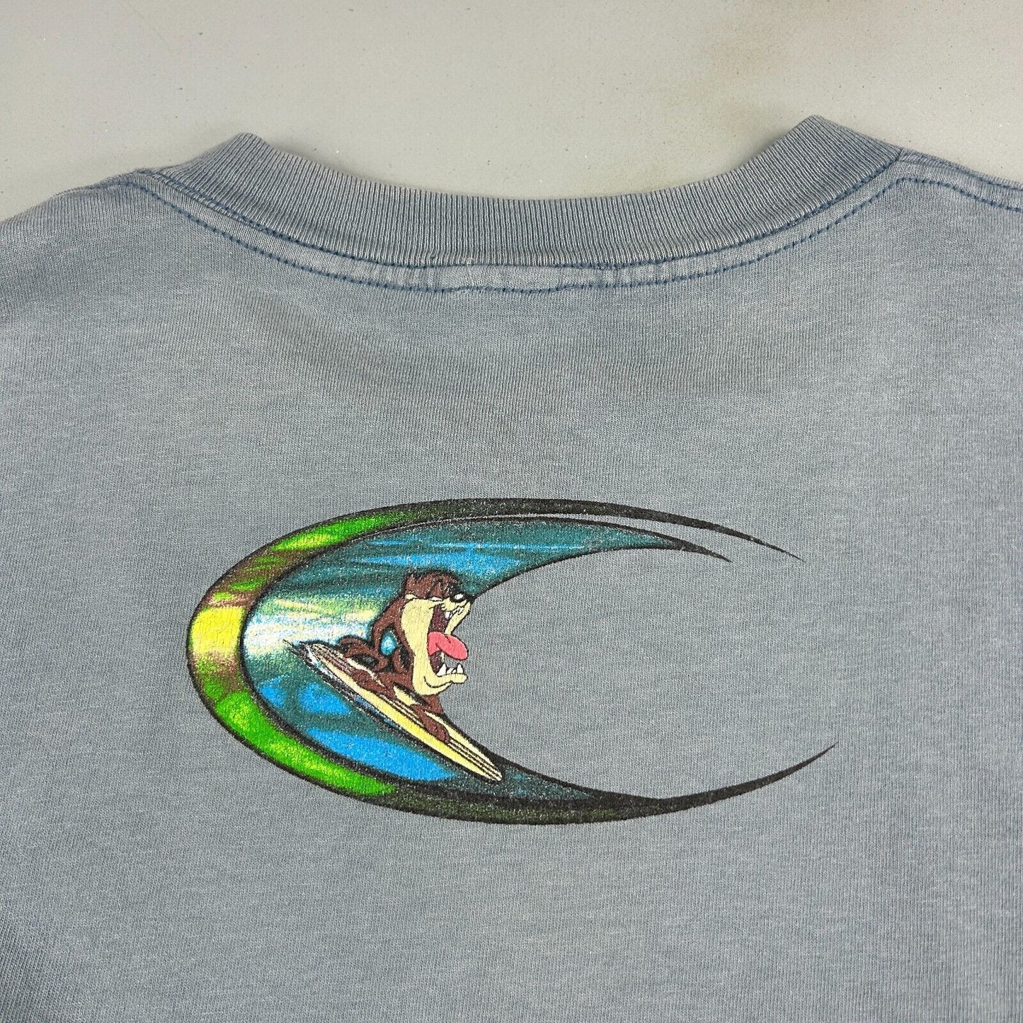 VINTAGE 1997 | TAZ Wave Trip'n Surfing Faded Blue T-Shirt sz L Adult