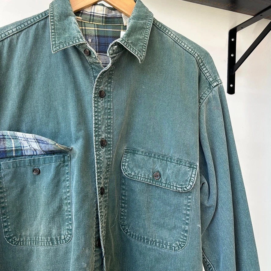 VINTAGE 1990s | L.L Bean Faded Clay Green Plaid Lined Button Down Shirt sz L/XL
