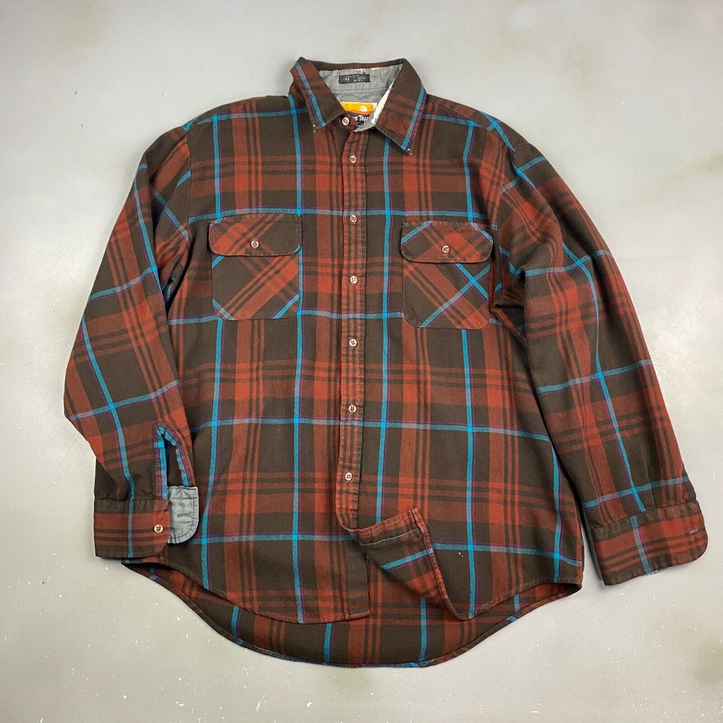 VINTAGE 80s Ozark Trail Brown Plaid Flannel Button Up Shirt sz Large Adult