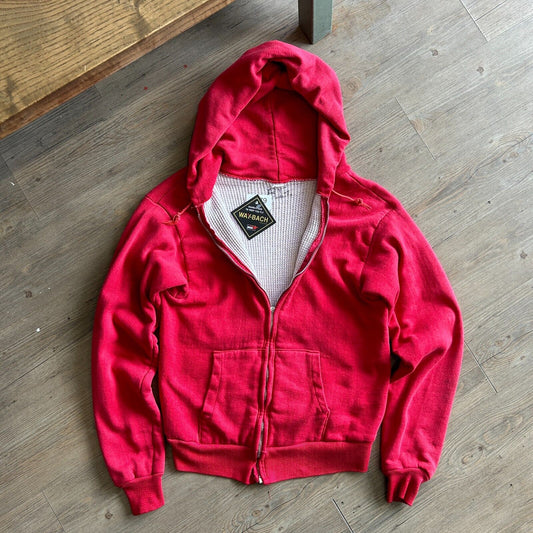 VINTAGE 60s 70s | Blank Red Thermal Lined Zip Up Hoodie Sweater sz S Adult
