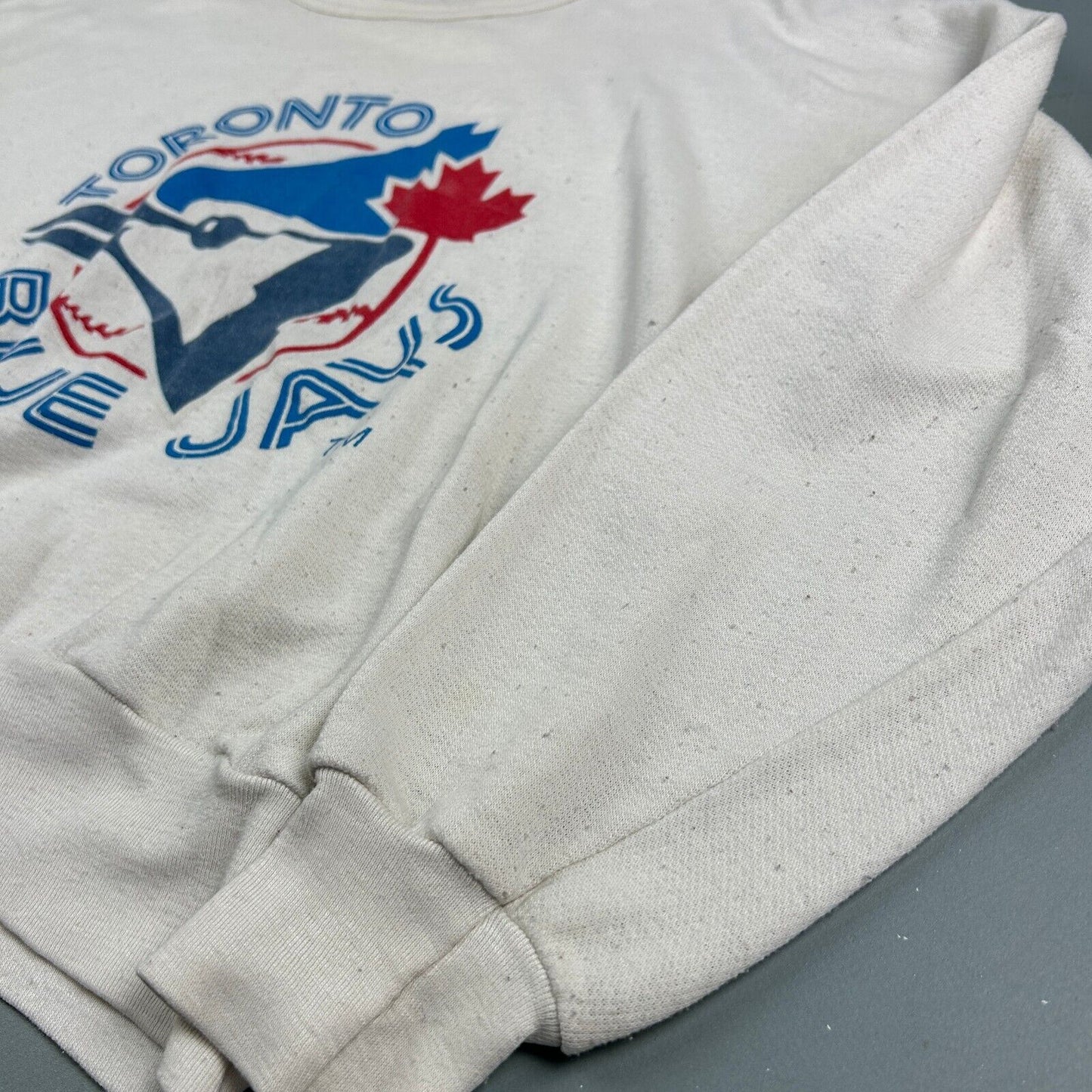 VINTAGE 80s Toronto Blue Jays White Sweater sz Small Short* Adult / Youth XL