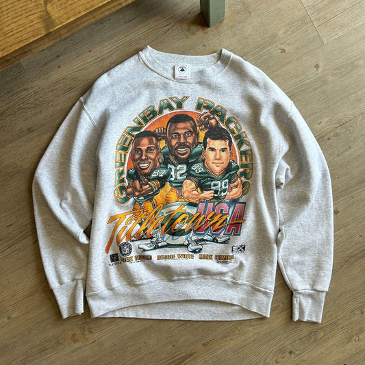 VINTAGE 90s | Green Bay Packers Title Town Players Illustration Sweater sz L