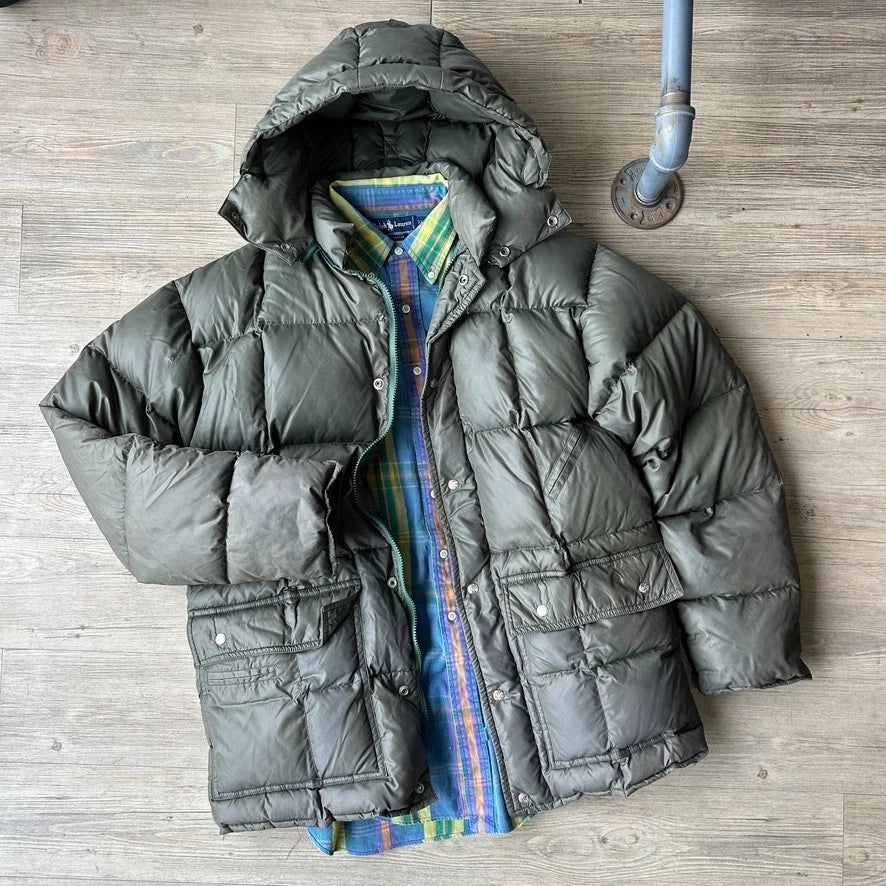 VINTAGE 70s 80s | Swan Brand Faded Olive Mountaineering Down Jacket sz L