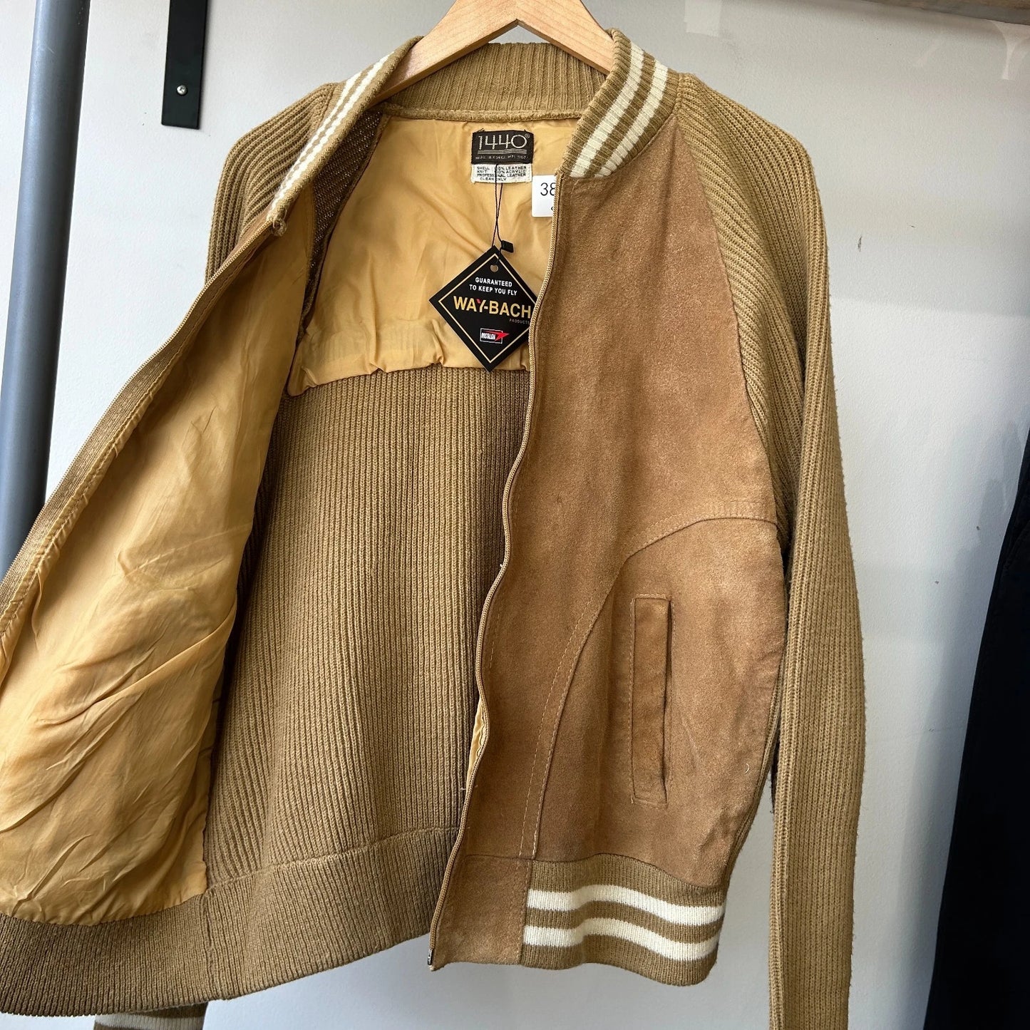 VINTAGE | 1440 Tan Suede Leather Knit Varsity Bomber Jacket sz S/M