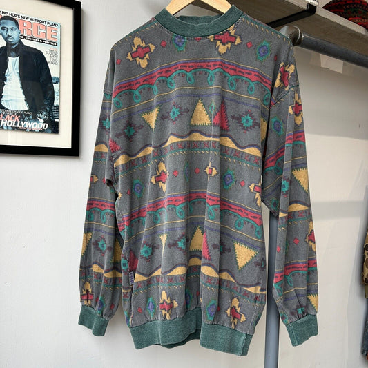VINTAGE 90s | Tribal Aztec All Over Print Crew Sweater sz L