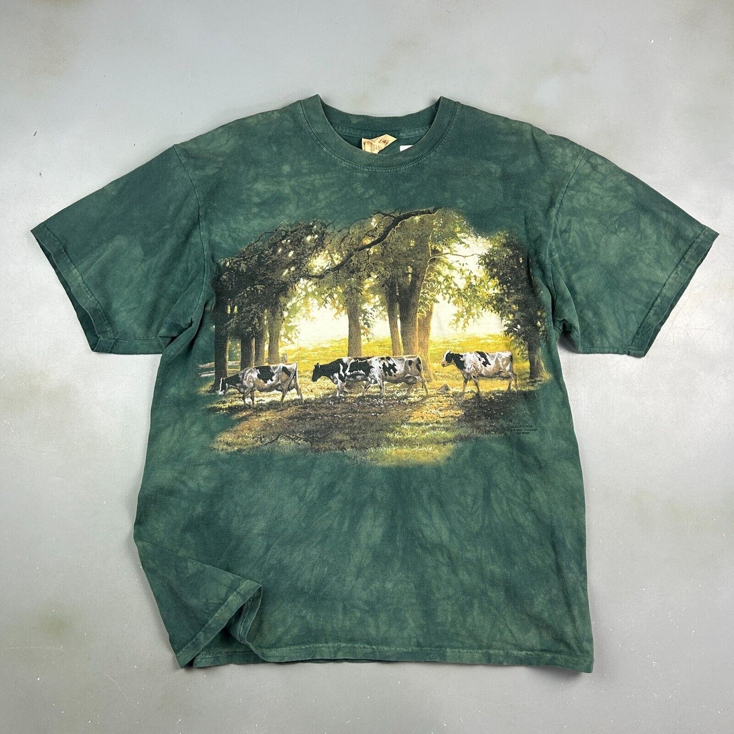 VINTAGE 90s | Cows in Sunlight Green Tye Dye The Mountain T-Shirt sz L Adult