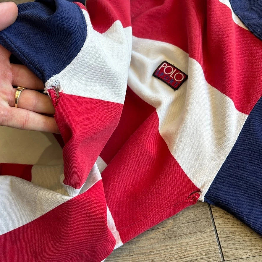 VINTAGE 90s | Ralph Lauren USA Flag Hi-Tech Striped Rugby Polo Sport Shirt sz L
