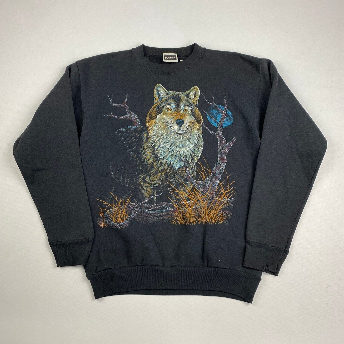 VINTAGE 90s Wolf Nature Graphic Black Crewneck Sweater sz Small Mens